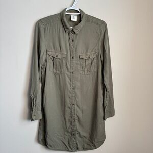 &Denim Olive Green Lyocell Long Sleeve Button Up Shirt Dress Size 8 Grunge Indie